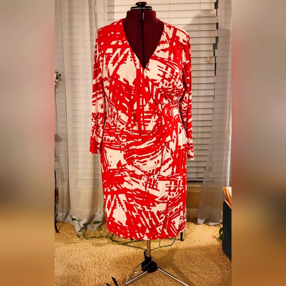 Calvin Klein Faux Wrap Red & White Dress 22W